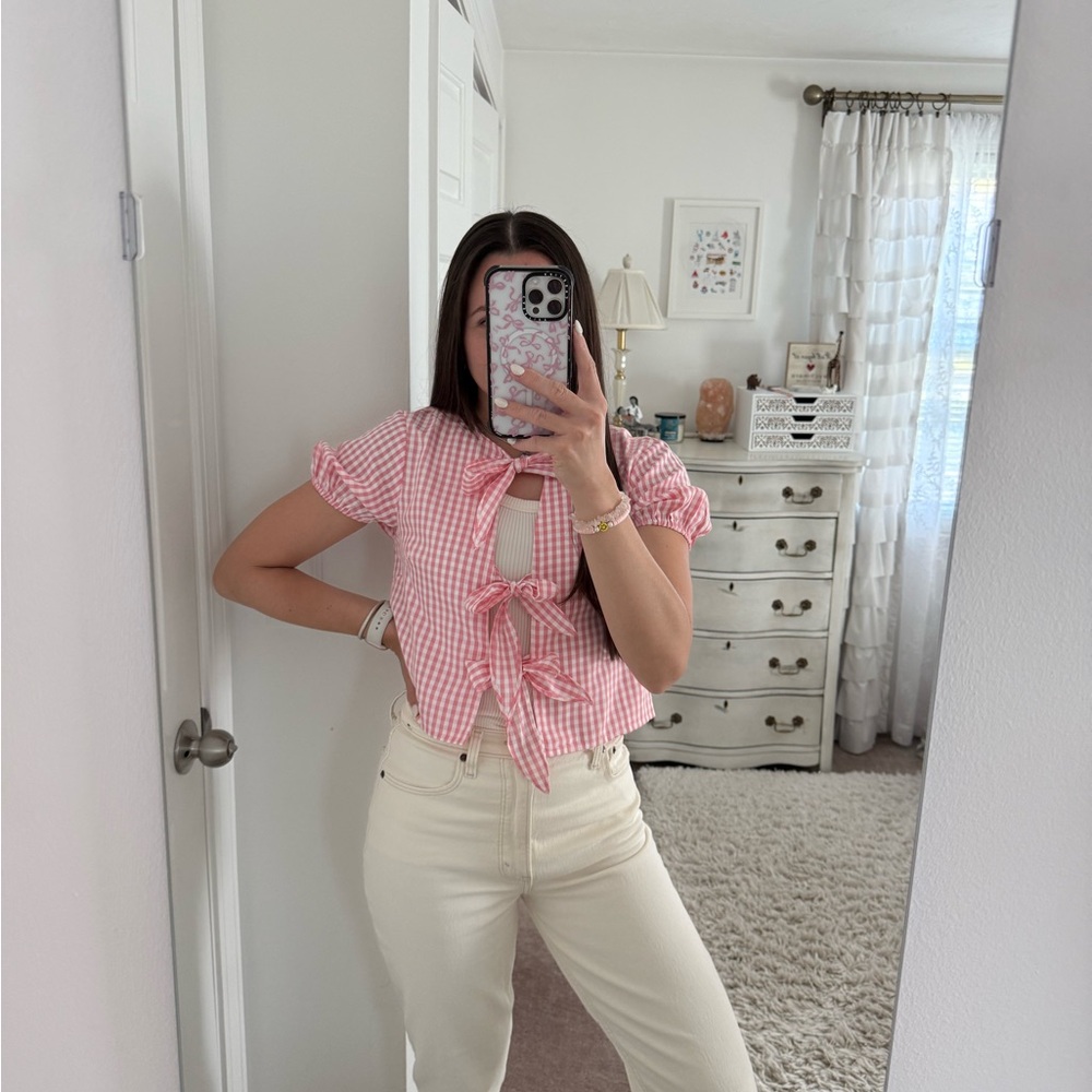 Elegant Pink Checkered Tie-Front Blouse